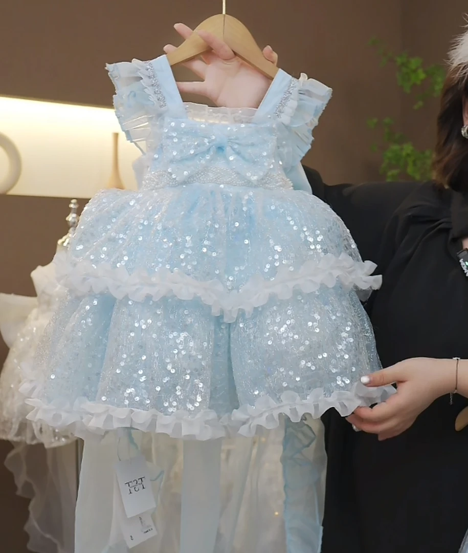儿童春季秋季公主裙2025新款洋气可爱甜美梦幻8551蓝色水晶之恋
