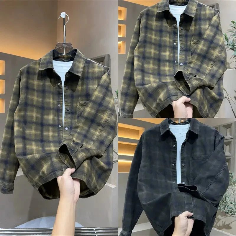 【情侣款牛仔外套】25秋季潮流百搭翻领格衬衣外套长袖开衫夹克上衣