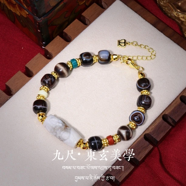 藏式天然缠丝玛瑙一线药师手串天珠改雕件大鹏金翅鸟原创手链男女