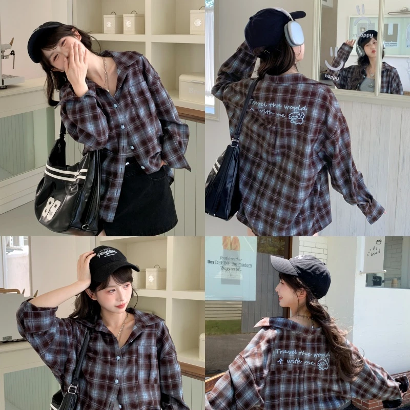 森女部落港风甜酷个性宽松长袖格子衬衫女2025新款百搭上衣秋季