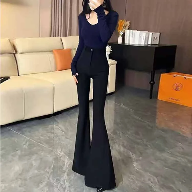 喇叭裤女春秋款黑色裤子高腰显瘦拖地裤垂坠休闲长裤西装裤25735#