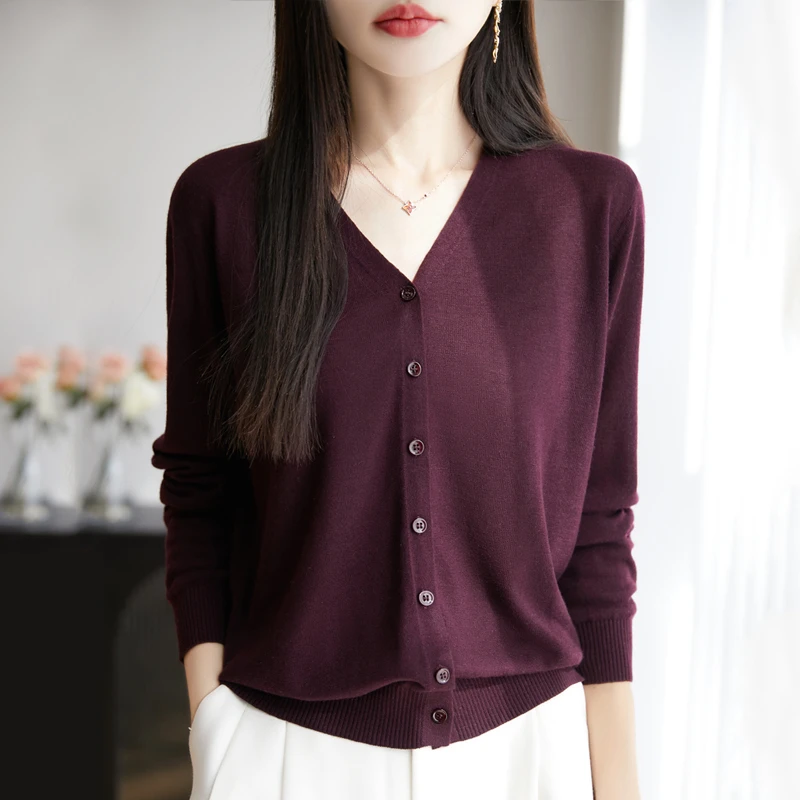 水溶羊毛针织开衫外套女V领夏季新款纯色薄款开衫防晒衫女士上衣