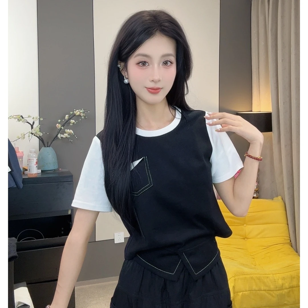 2025女夏季设计感遮肉显瘦假两件短袖上衣