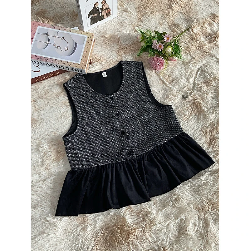 2025新中式国风改良丝绒拼接马甲女式早秋小香风圆领无袖坎肩外套