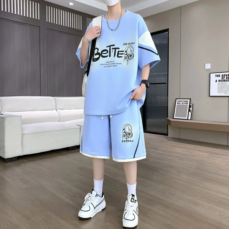 夏季休闲运动套装男大学生薄款休闲百搭青少年潮流帅气短袖短裤