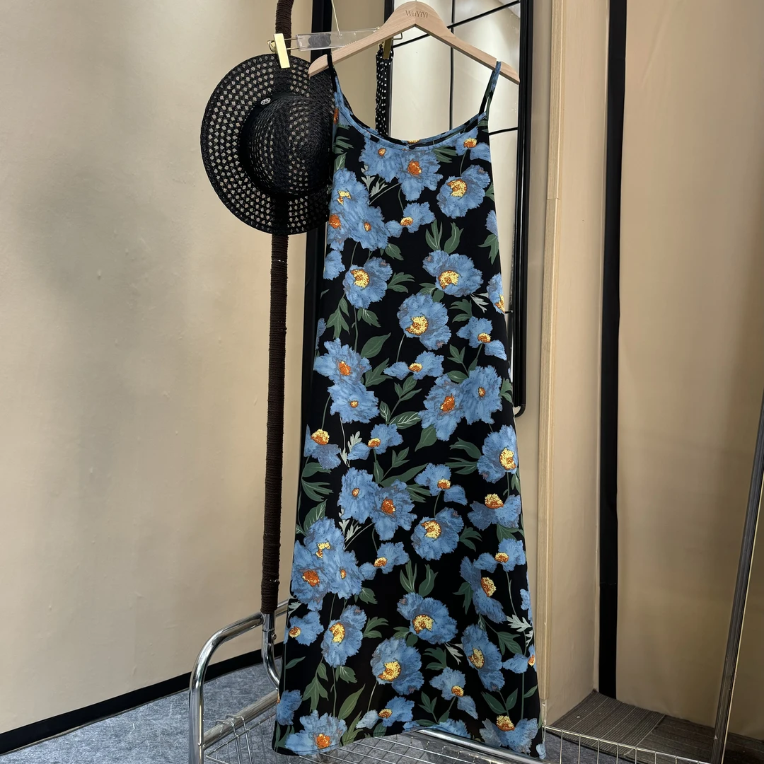 【法式浪漫】蓝色碎花夏季吊带长裙海边度假裙