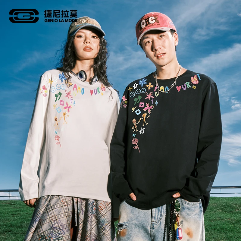 【敖瑞鹏代言】捷尼拉莫男女同款纯棉长袖t恤2025秋季圆领宽松T恤男