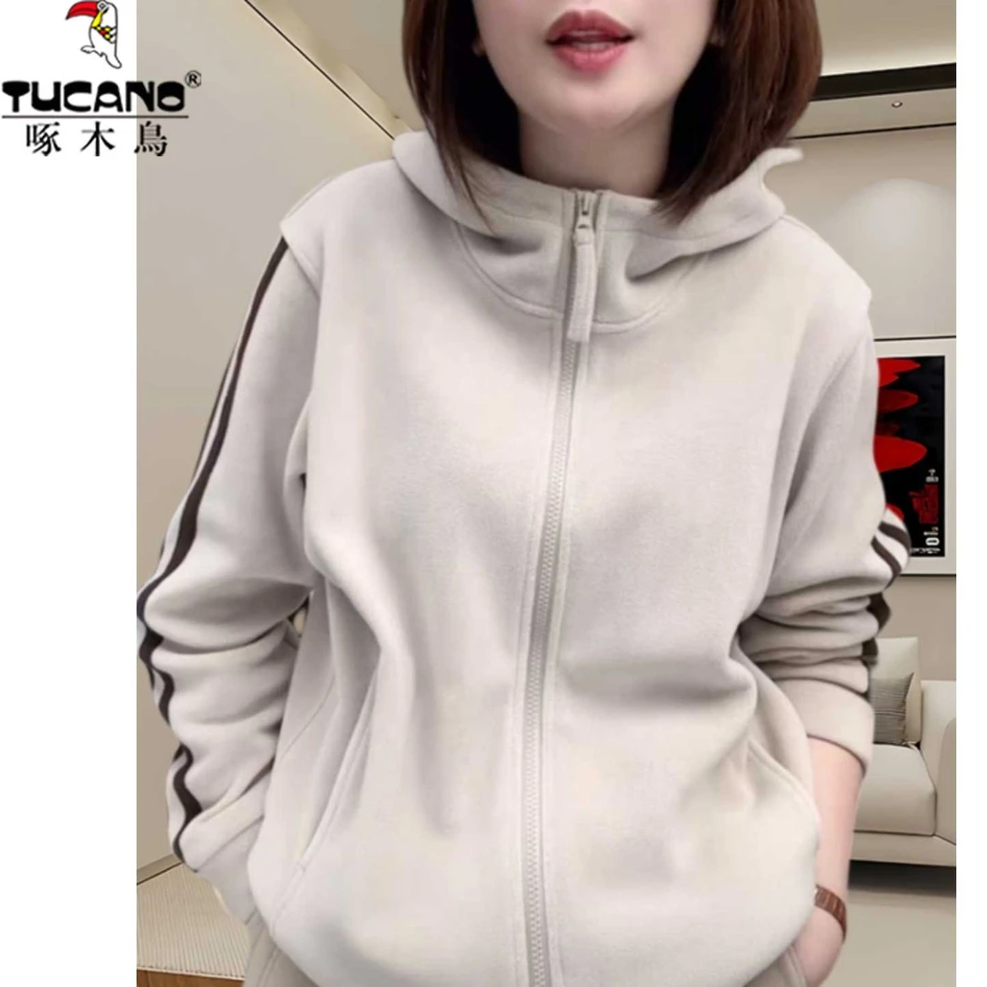 啄木鸟保暖双面德绒外套冬季宽松显瘦拉链开衫加厚连帽女士卫衣