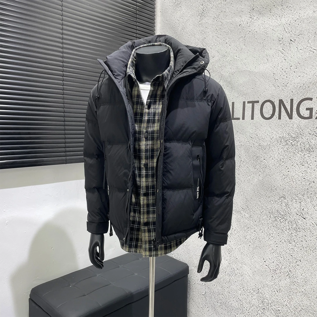 K先生男装店 假两件羽绒服男士冬季白鸭绒拼接格子衬衣连帽外套潮