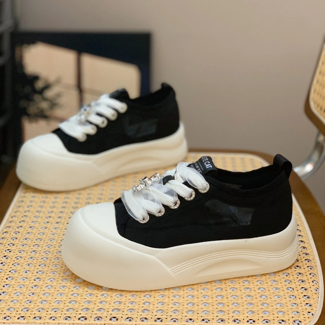 大头面包鞋女2025夏季新款百搭单网透气厚底系带轻便小众休闲鞋