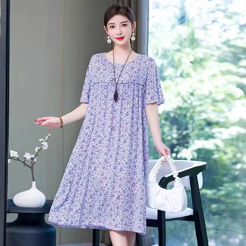 连衣裙加肥加大码中老年女棉绸裙子短袖显瘦妈妈装夏装遮肚子棉绸