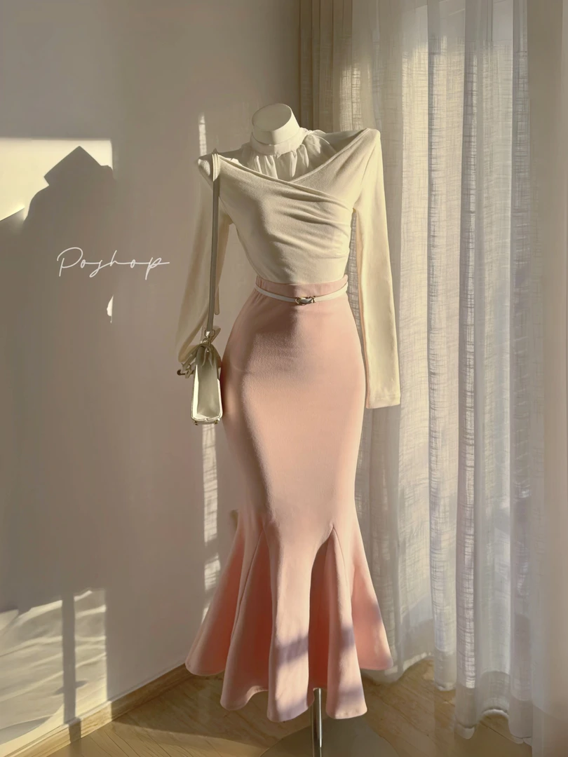 POSHOP 告白樱花 温柔纯欲风包臀鱼尾裙套装 长袖气质设计感