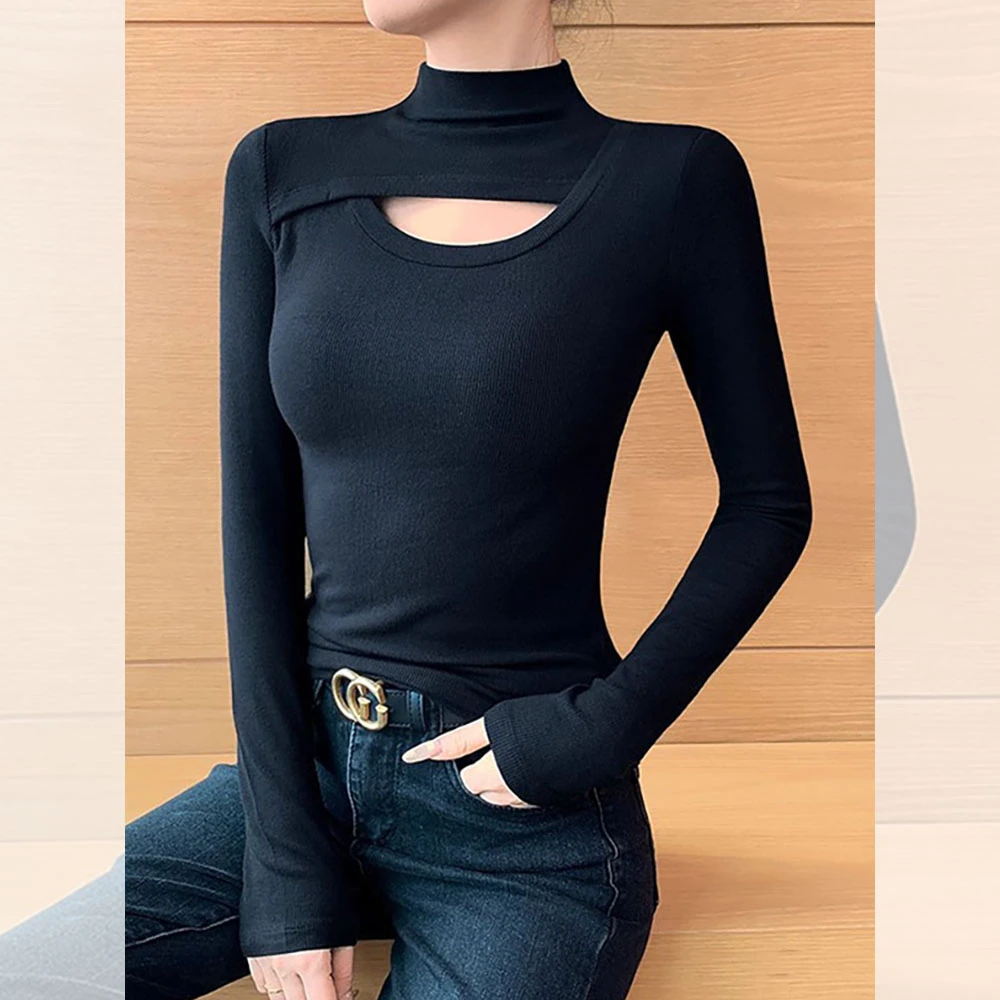 设计感打底修身上衣秋季新款胖MM大码女装小众镂空半高领长袖T恤