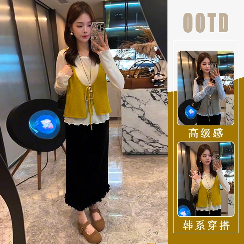 2025早秋新款韩系外搭叠穿马甲纯色长袖打底衫黑色半身裙三件套女
