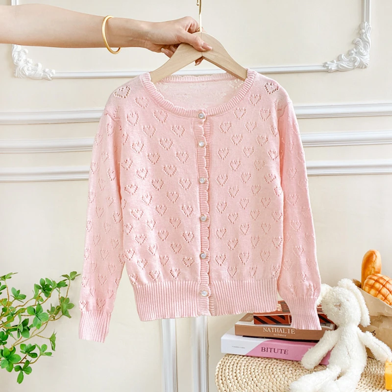 2025新款上衣春夏女童针织镂空爱心纯棉开衫轻薄外套空调衫防晒衣