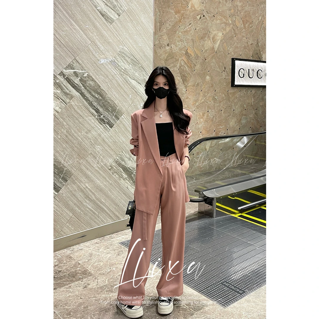 Liixu春装新款宽松高级感气质西装女粉廓形西装三件套XZ228