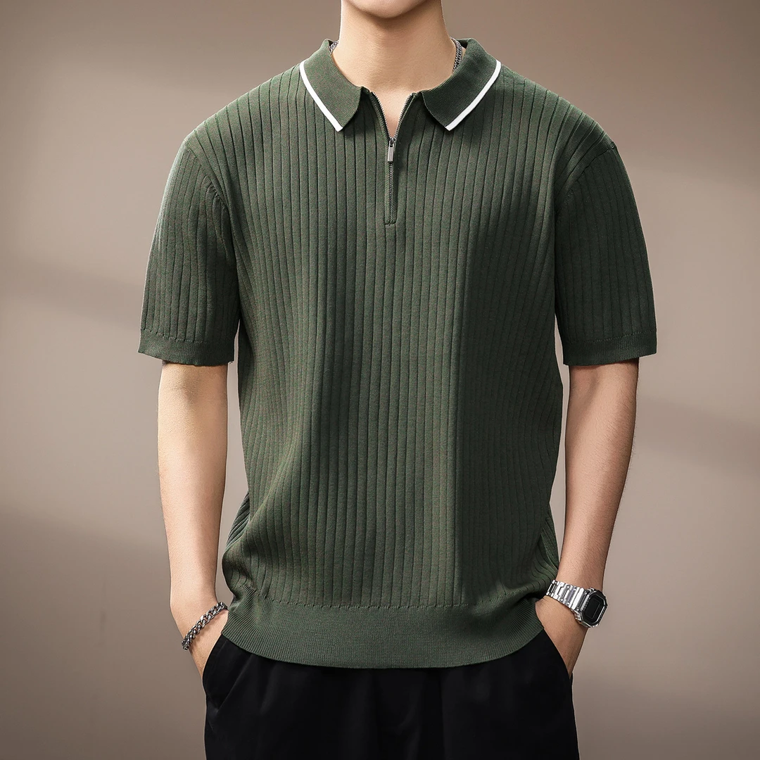 高端日系简约潮流男士针织Polo衫夏季新款肌理感宽松翻领短袖上衣