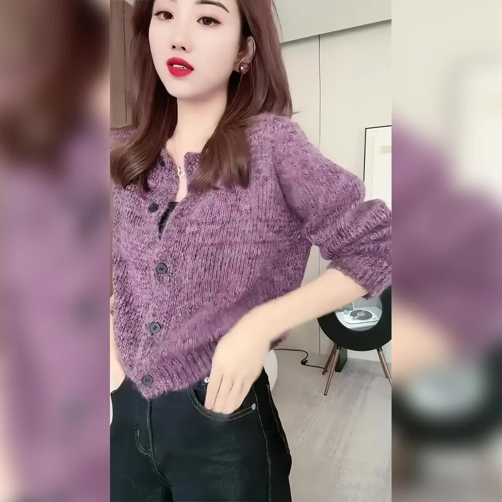 紫色针织开衫毛衣女2025新款初秋季高级感初秋季流行穿搭上衣休闲