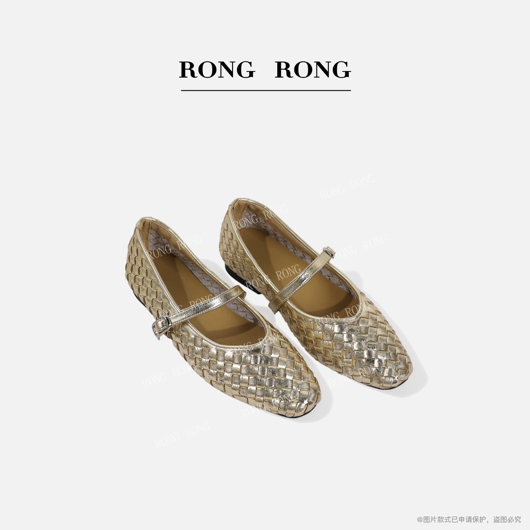溶溶RONGRNG 羊皮垫脚法式复古编织圆头玛丽珍单鞋9617-9A