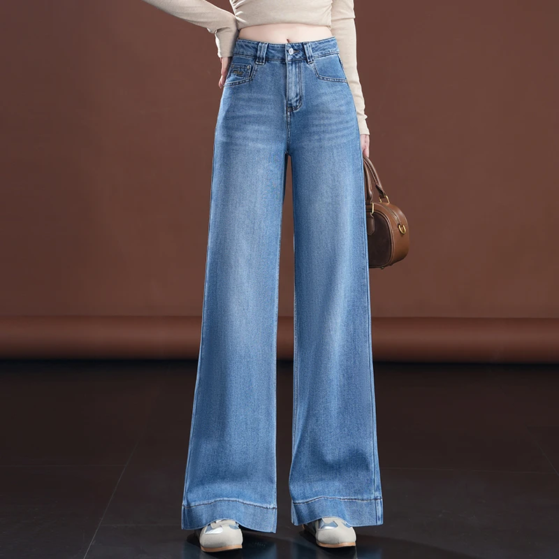 复古蓝色阔腿牛仔裤女2025春秋新款高腰显瘦垂感休闲窄版直筒裤子
