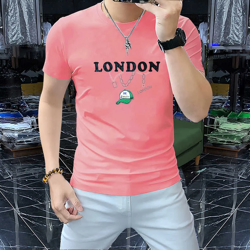 2025新款夏季男装上衣潮短袖圆领衫高档烫钻字母帽子时尚舒适修身