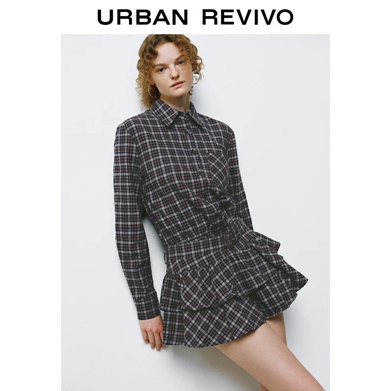 UR2025秋季新款女装复古撞色格纹腰带饰长袖连衣裙UYL750090+