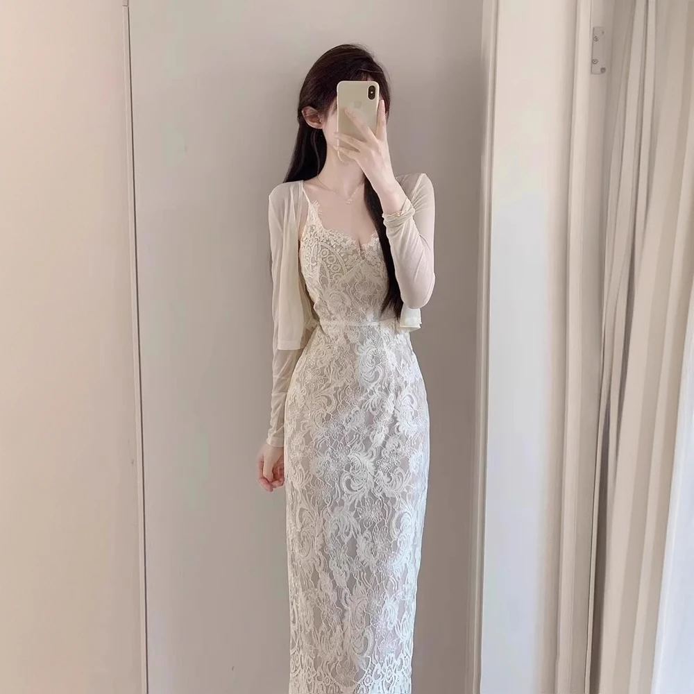 风情万种法式蕾丝吊带连衣裙修身包臀裙生日礼服防晒空调开衫812