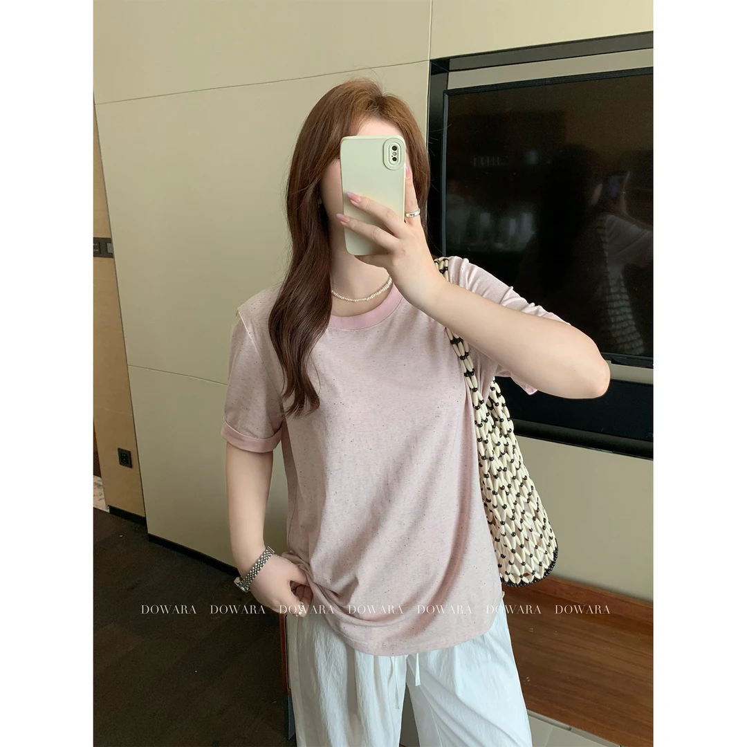 现货大婉酱微胖定制温柔风设计感杂色短袖T恤夏季少女风上衣9104D