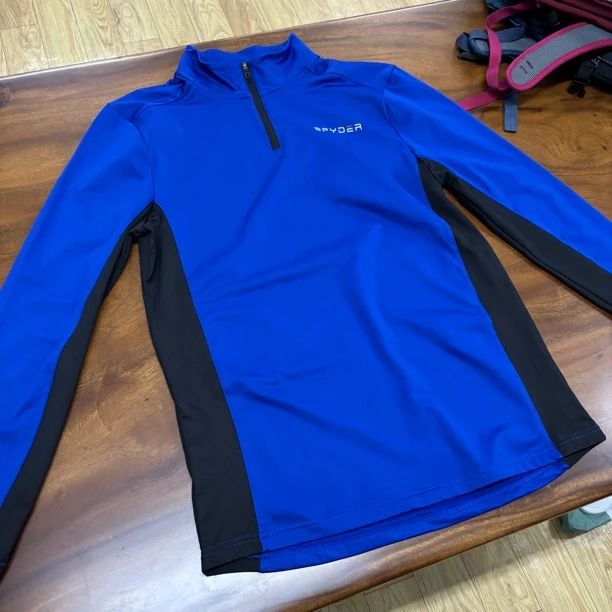 男子秋冬户外活动半拉链套头衫 内绒弹力 蓝拼黑