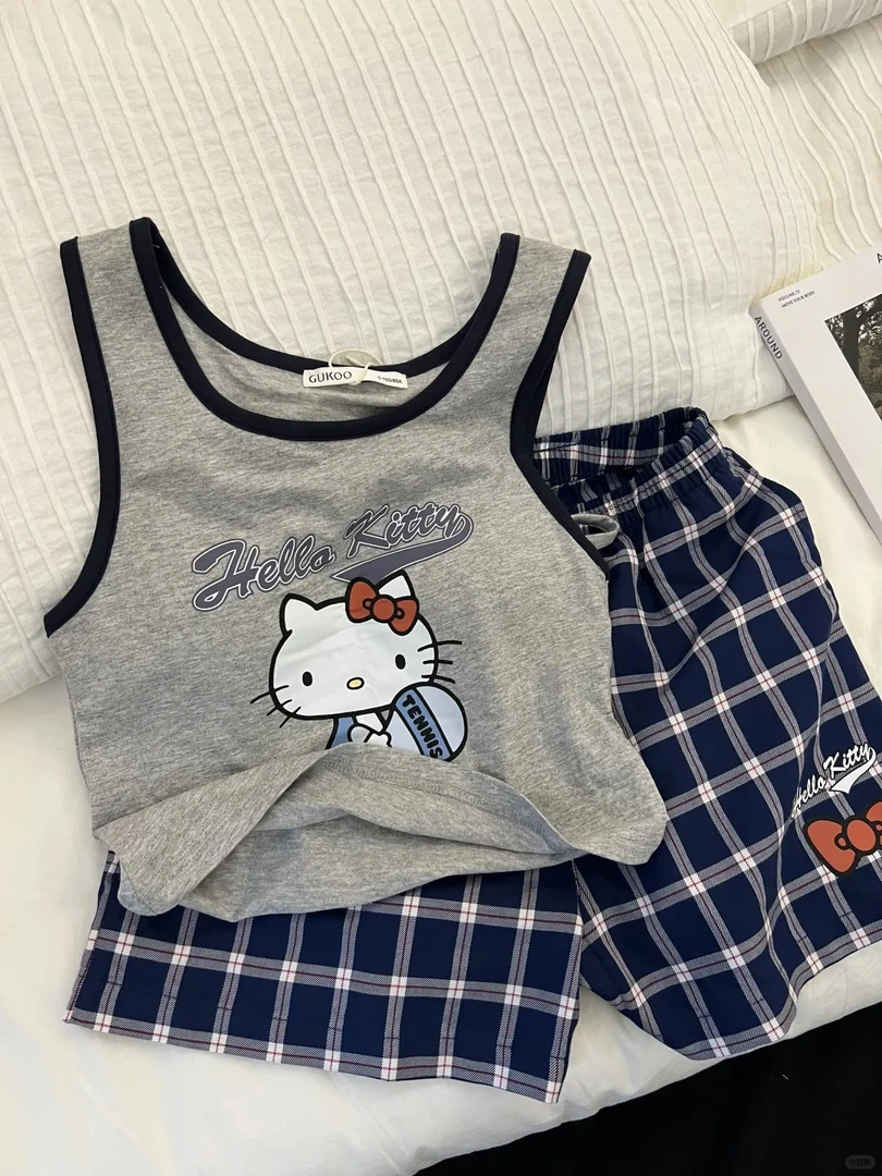 【格纹kitty】韩系甜美带胸垫背心睡衣女夏季新款短裤套装家居服夏