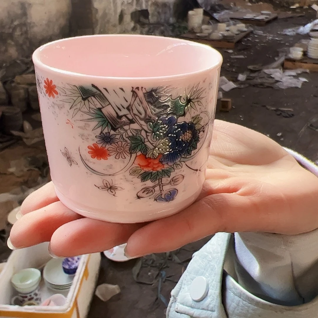 摆件陶景德镇红xixi花鸟杯