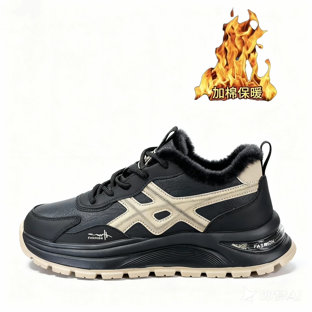 PLD加绒秋冬厚底橡塑发泡软底男士低帮休闲鞋黑色保暖爸爸鞋男鞋