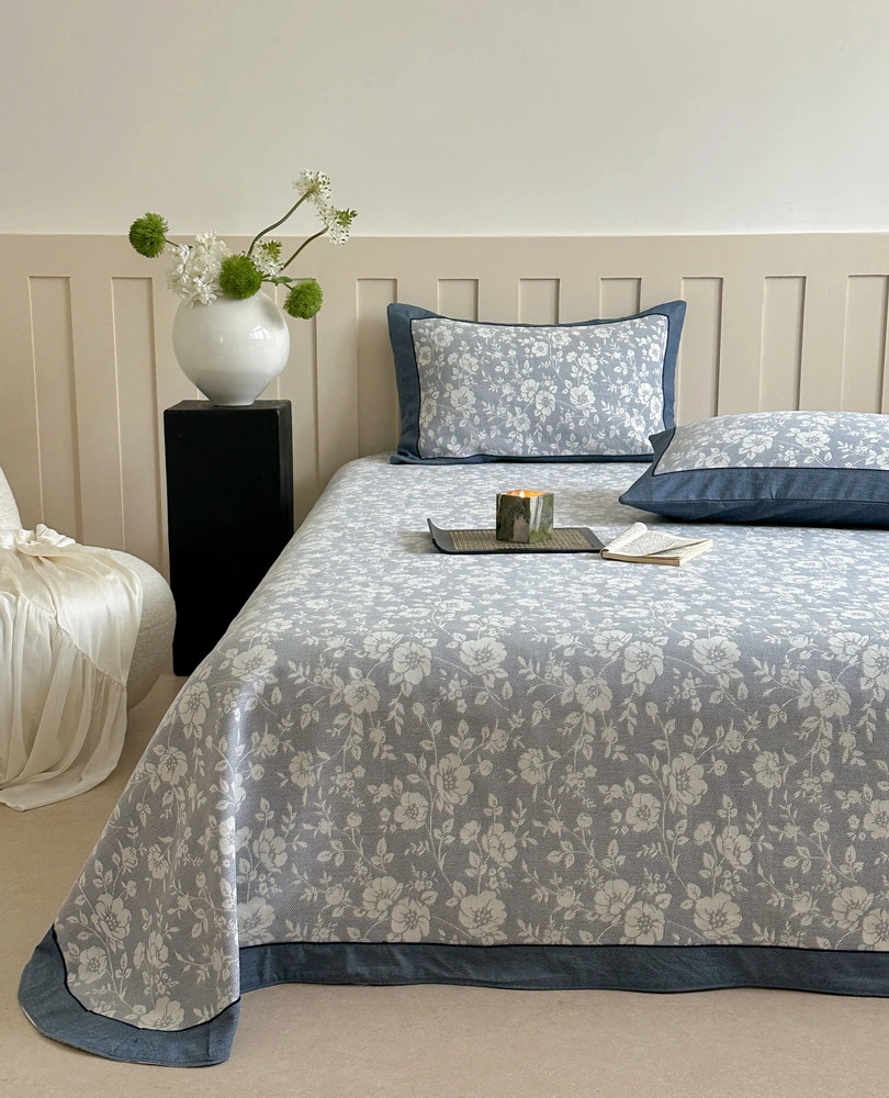 2025！庄织-栖枝水柔加厚老粗布凉席三件套 法式宽边棉凉席可机洗