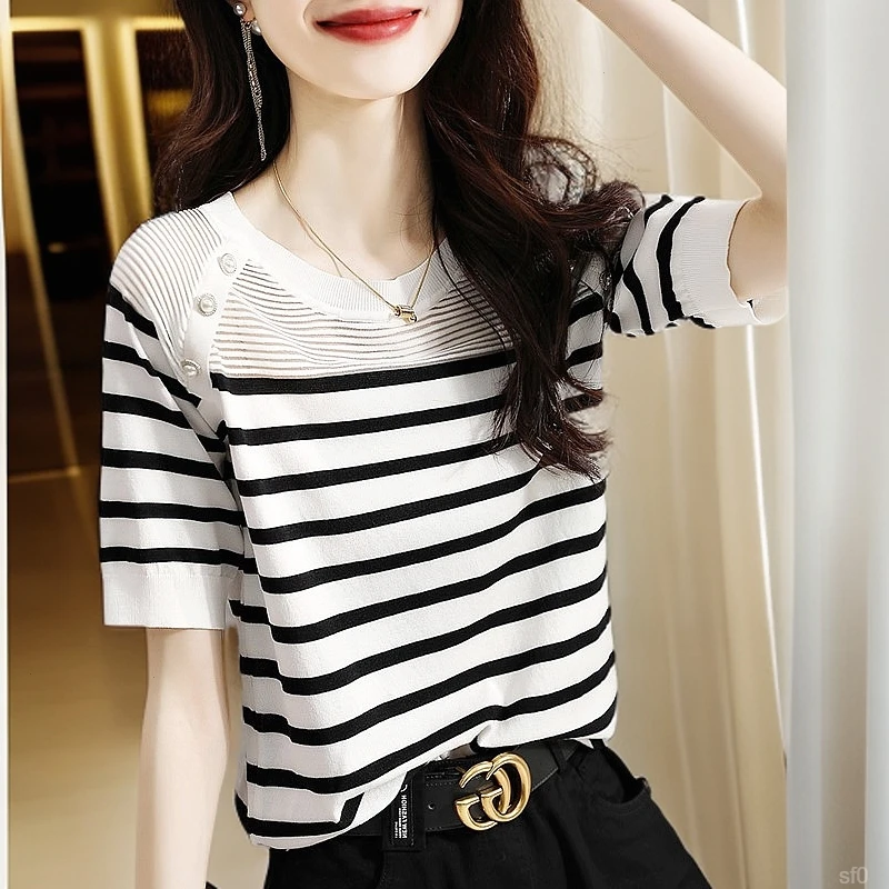 2025夏季新款简约通勤针织衫欧货减龄显瘦法式慵懒冰丝时尚T恤女