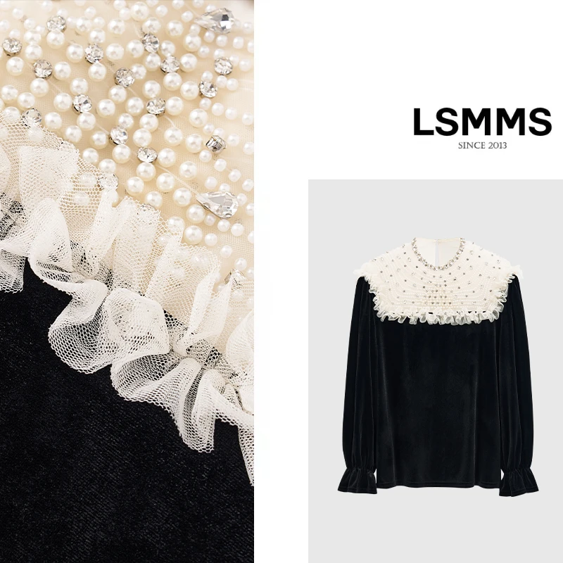 LSMMS设计师款复古风木耳边重工镶钻手工珍珠高级感黑色上衣1206