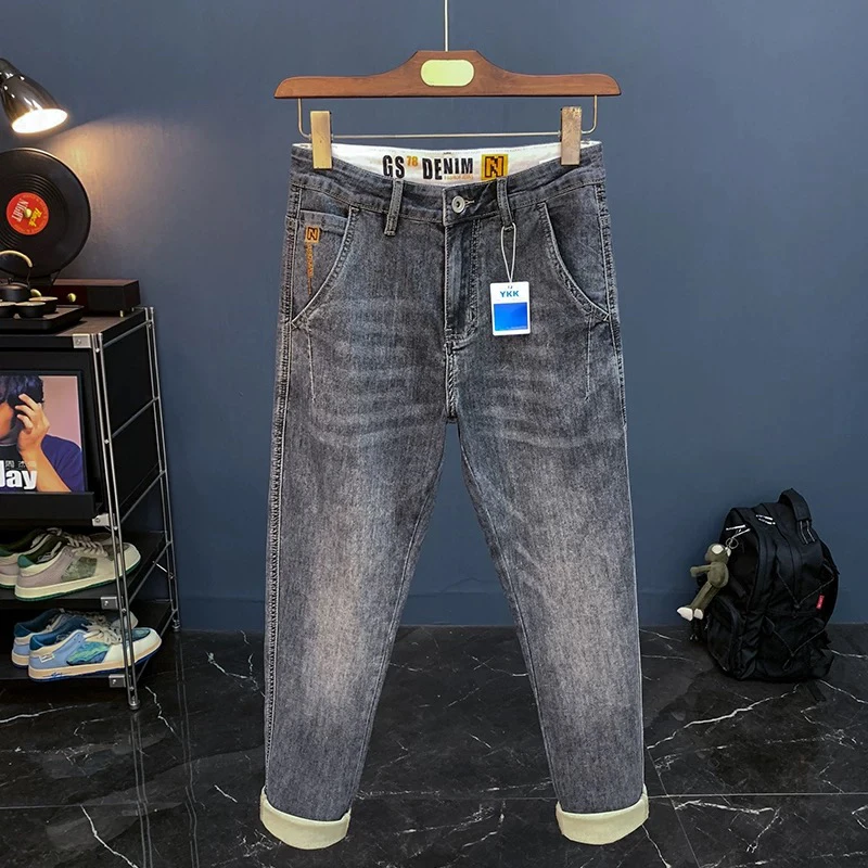 2025新款黑灰色牛仔裤男夏季薄款修身弹力九分裤斜插袋刺绣小脚裤