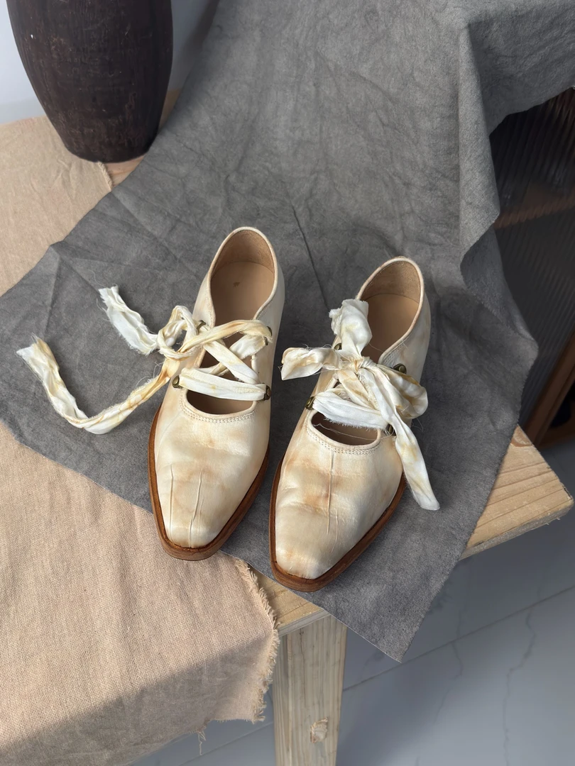 真丝绸缎植物染色粗跟女鞋皮鞋浅口绑带仙女真皮大底手工鞋