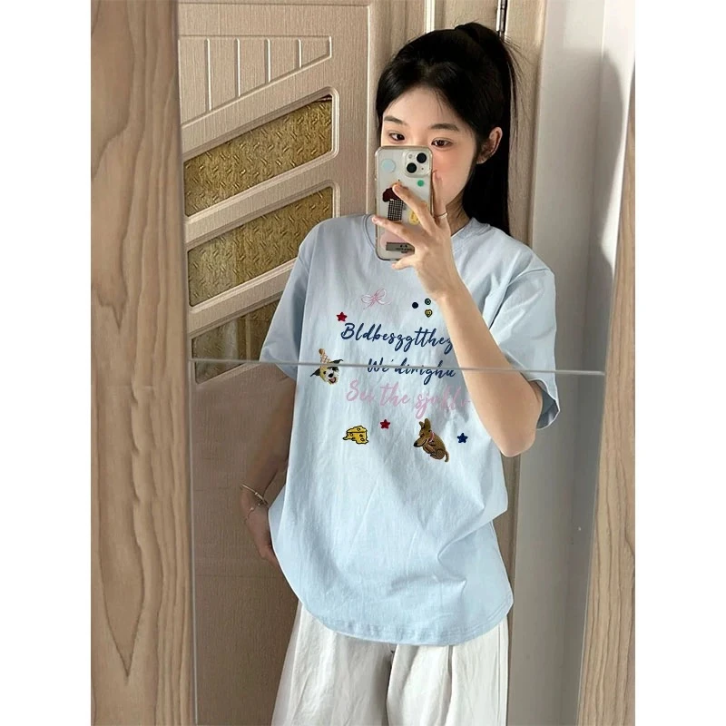 蓝色纯棉短袖T恤女夏季新款美式复古ins潮牌宽松正肩小众百搭上衣