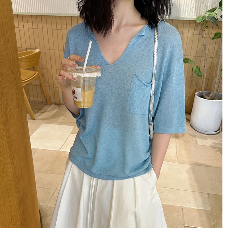 68001宽松中袖V领针织衫女2025夏季薄款小众气质纯色T恤薄款