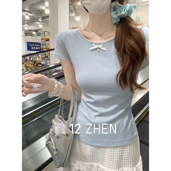 2025夏季韩版修身圆领蝴蝶结纯欲温柔百搭设计感短袖T恤上衣女