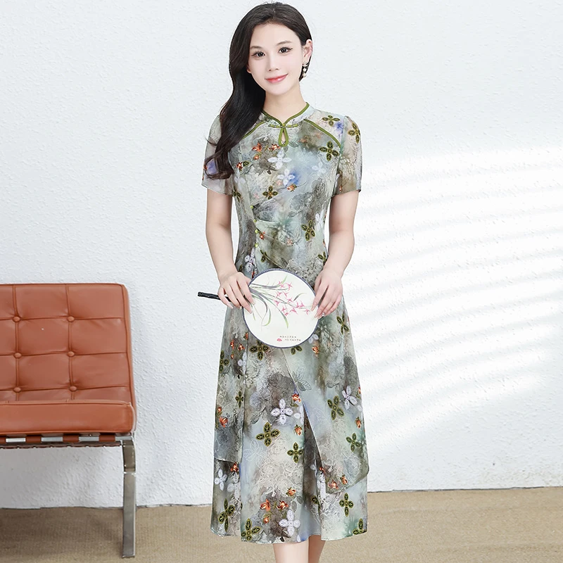 新中式印花改良版旗袍裙2025夏季新款气质减龄显瘦修身阔太遮肚裙