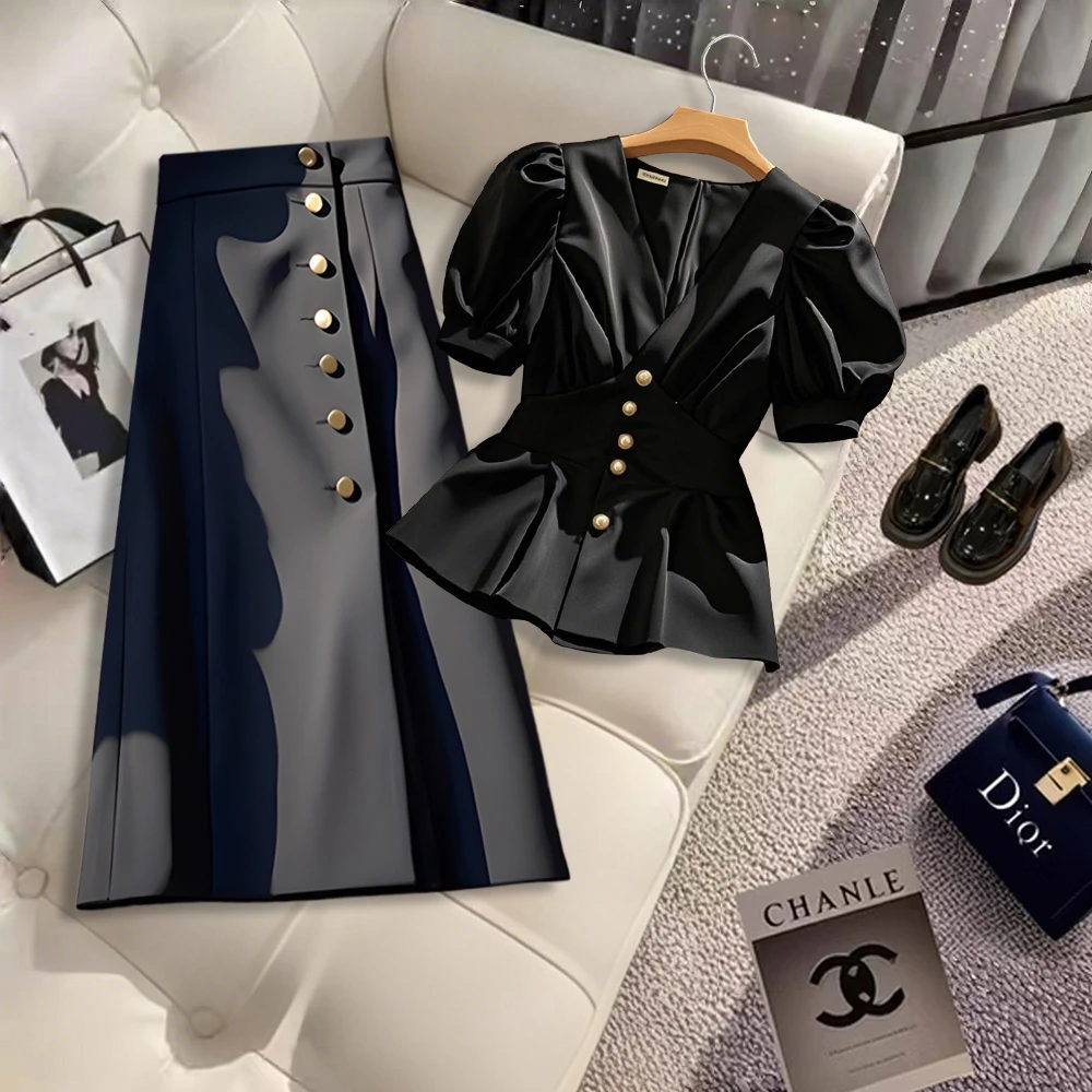 收腰显瘦黑色衬衫v领高级感时尚百搭泡泡袖上衣高腰半身裙两件套