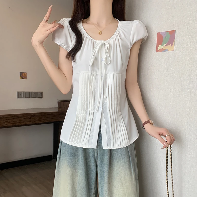 大码胖MM减龄绑带修身短袖衬衫甜美简约百搭爆款遮肚上衣YY16715