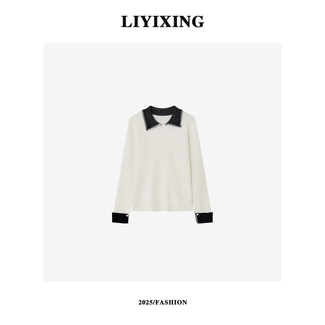 【李易行】韩系高级感撞色翻领长袖套头针织衫秋冬时尚百搭上衣8368