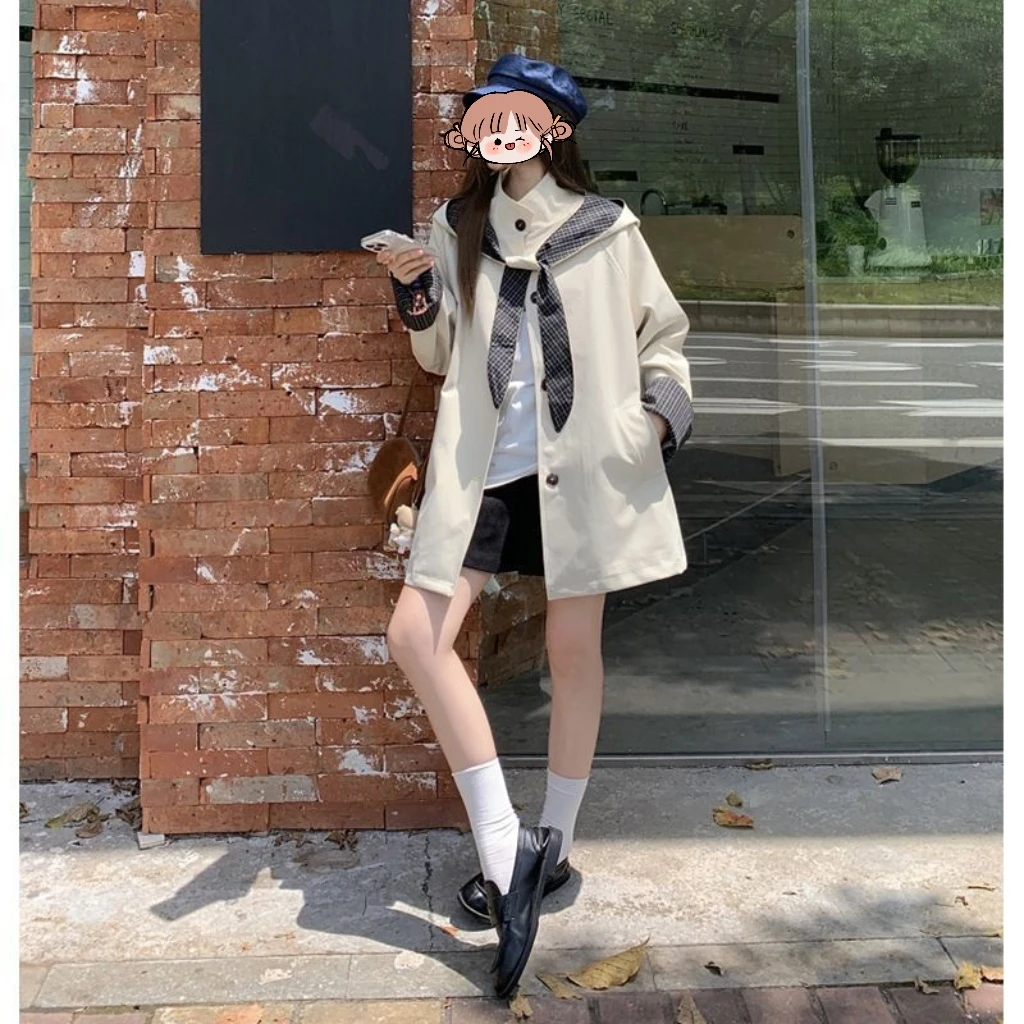 新款复古连帽披肩减龄设计感格子撞色中长款风衣外套女装通勤外穿