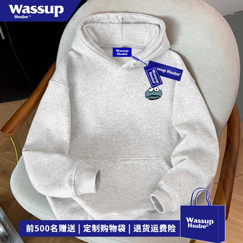 WASSUP HSUBE秋冬休闲宽松情侣装上衣创意怪兽印花连帽卫衣男女装