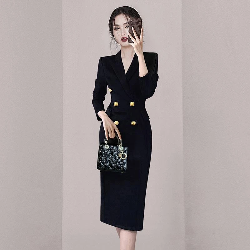 御姐风黑色西装裙女2025新款正式场合修身显瘦遮肉职业气质连衣裙