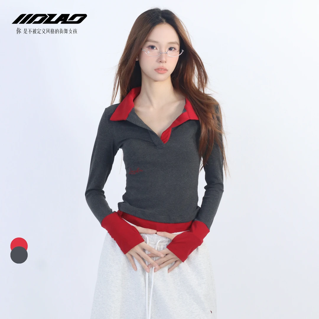 大佬妙jazz辣妹撞色假两件长袖T恤女早秋修身显瘦上衣X312