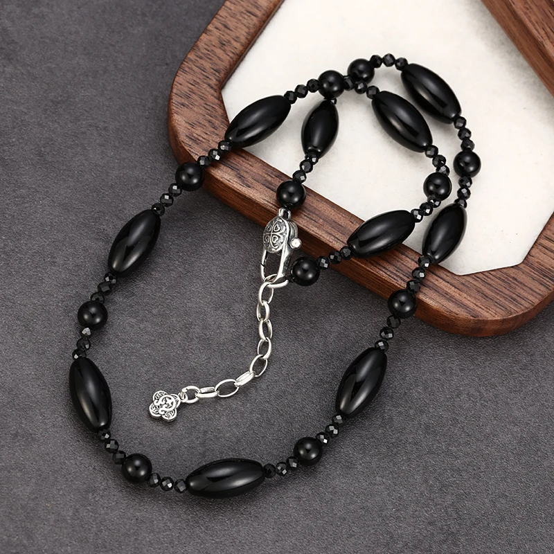 链子925银 「夜域」时尚简约黑桶珠项链