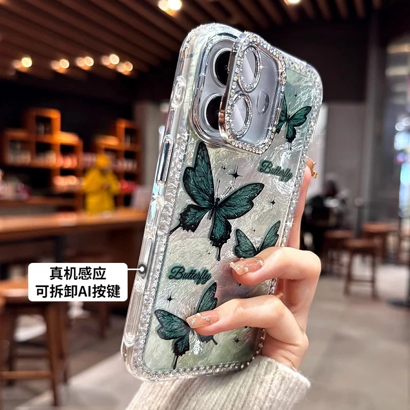 蝴蝶水钻名媛风苹果16proMax手机壳支架适用iphone15仙女14pro/13
